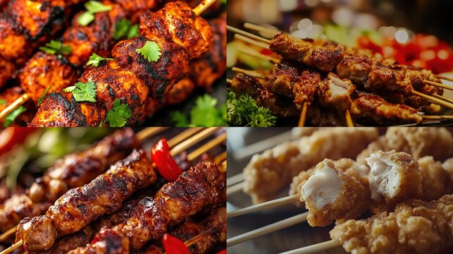 Grilled and fried chicken skewers collage.