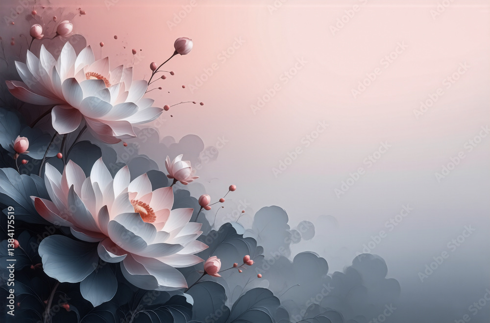Poster elegant white and pink lotus flowers are blooming with buds and leaves against a soft gradient of pi