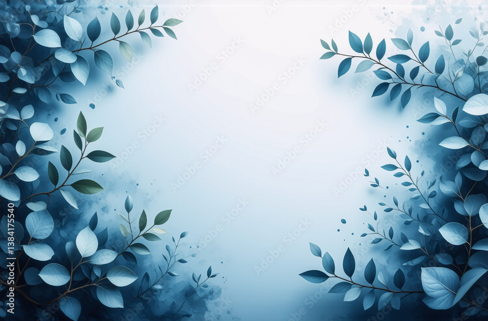 Leinwandbilder blue leaves and branches gracefully frame a bright white space, creating a natural border. delicate 