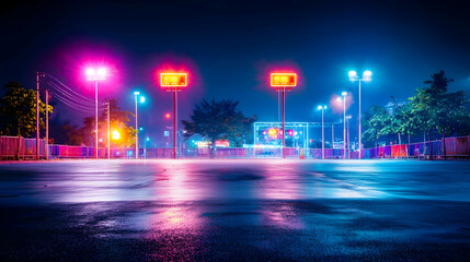 Vibrant Neon Lights At Night On Wet Parking Lot