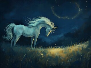 unicorn in night scene, moonlit landscape, mystical atmosphere, serene setting