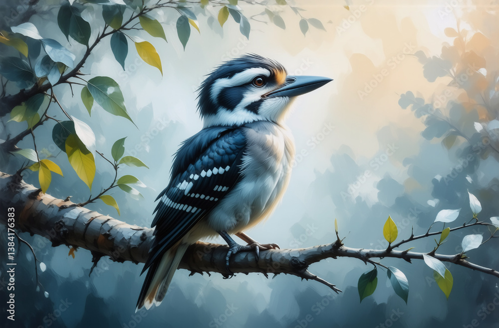 Aufkleber a blue and white feathered bird is perched gracefully on a tree branch. the background is a soft, dr