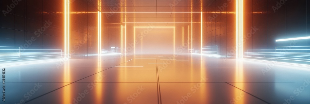 Poster High-tech digital mesh with glowing lines and floating workspace icons creates a modern futuristic abstract background for innovative design