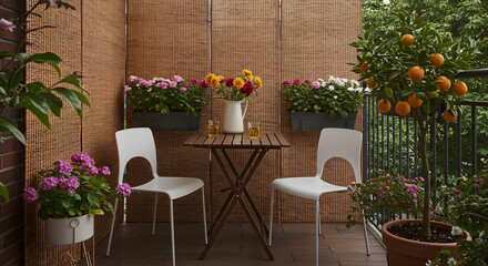 Inviting Balcony Featuring a Compact Dining Set and Privacy Screens