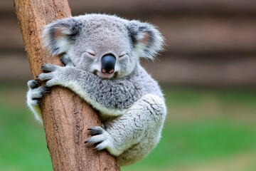 Fototapeta premium A sleepy koala clinging to a eucalyptus tree, peacefully dozing in the warm sunlight