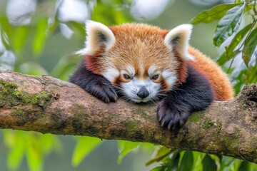 A sleepy red panda curled up on a tree branch in a lush jungle