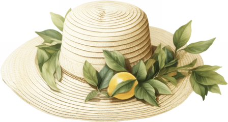 Elegant wide-brimmed straw hat with lemon branch decoration, watercolor fashion illustration for summer accessories and Mediterranean style