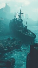 Fototapeta premium Post-Apocalyptic Seascape: Shipwreck Ruins