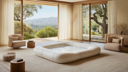 Modern luxury bedroom with large window, panoramic view, spa bed