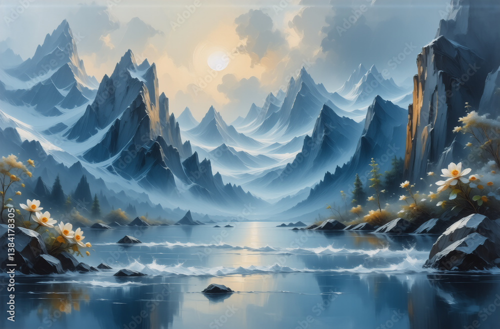 Poster a serene landscape of mountains reflected in a tranquil lake under a setting sun, painted with soft 