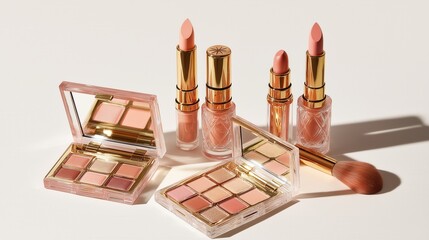 Beauty still life with cosmetic items in soft pink and gold tones,
