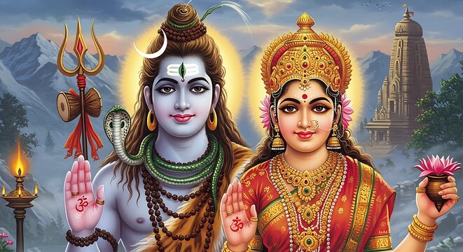 Divine union: An artistic rendering of Shiva and Parvati with celestial backdrop
