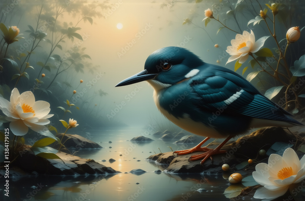 Aufkleber an avian creature sits beside a tranquil body of water. the scene is shrouded in mist, and delicate 
