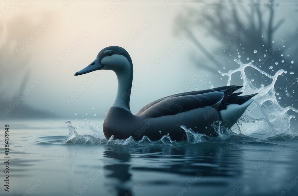 Aufkleber a lone waterfowl creates a splash swimming in a serene body of water, misty atmosphere and trees vis