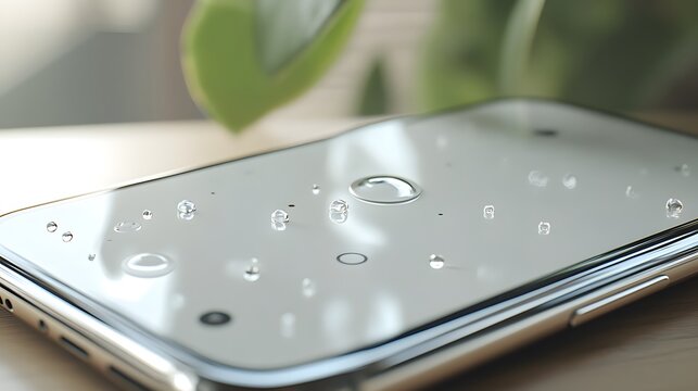 Close-up of water droplets on a sleek, modern smartphone screen. The phone rests on a light wooden surface with blurred greenery in the background, showcasing water resistance.