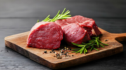 Raw Beef Steaks On Wooden Board With Rosemary And Spices