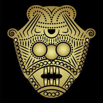 Ethnic Viking mask from ancient Denmark. Stylized human face. Norse mythology. Deity Loki or Odin. Gold on black background.