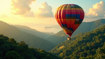 Fototapeta premium A Colorful Hot Air Balloon Soaring Over Lush Green Mountains at Sunrise