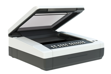 Flatbed Scanner with Open Lid, White and Gray Design, Isolated on White