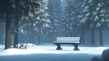 Snowy park bench, winter forest, calm scene, snowfall, solitude