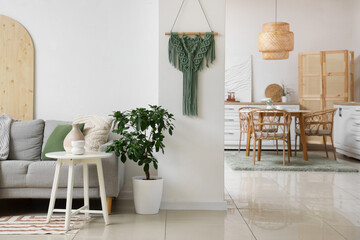 Interior of stylish studio apartment with living room and kitchen