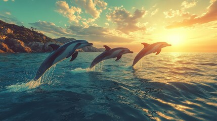 A pod of dolphins leap from the ocean during migration, with a vibrant sunset painting the sky in warm, glowing colors.