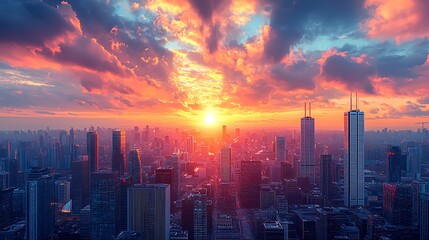 Fototapeta premium Sunset Skyline: A cityscape silhouette against a backdrop of a vibrant, fiery sunset, painting the sky with hues of orange, red, and purple as the sun dips below the horizon.