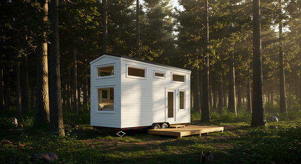 A small, white tiny house sits on a deck in a forest clearing, bathed in warm sunlight. It?s a modern tiny home with a small window and a door, parked on a deck in a wooded area.