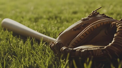 Vintage baseball glove and bat on grass, a timeless tribute to America's favorite pastime