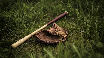 Vintage baseball glove and bat on grass, a timeless tribute to America's favorite pastime