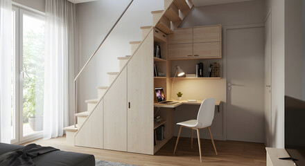 Modern Compact Studio With a Foldable Workstation Under the Stairs Design