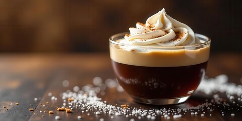 Indulge in a delightful coffee beverage, layered with rich espresso, creamy milk, and a generous swirl of whipped cream, delicately dusted with cinnamon; a captivating culinary creation.