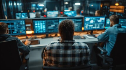Obraz premium Professional cybersecurity team analyzing real-time network data and responding to threats in a high-tech security operations center. Advanced technology and expertise in data protection