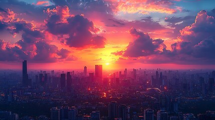 Crimson Sunset Over Metropolis: Witness the breathtaking cityscape bathed in the fiery hues of a vibrant sunset, creating a dramatic silhouette.