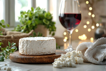 Fototapeta premium Creamy cheese on a wooden board accompanied by red wine set against a blurred softly-lit background.