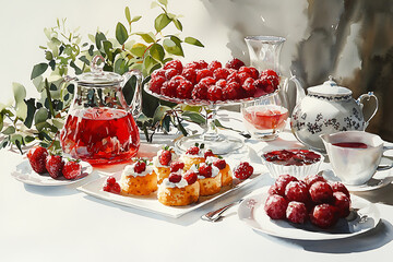 Watercolor painting of a bright breakfast scene with raspberries tea and pastries elegantly arranged on a white surface.