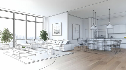 Modern Apartment Interior Design Sketch With City View