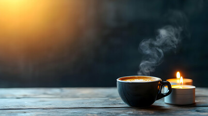 Dark Coffee Cup With Steam On Wooden Table And Candles
