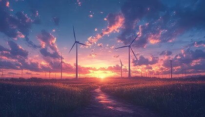 Obraz premium A wideangle view of a wind farm in a rural area at sunset, Wind Energy, Powerful and renewable