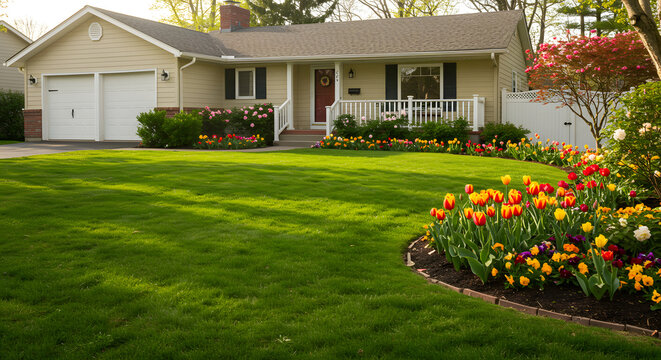 A charming, yellow-beige house with a front yard adorned with vibrant tulips and a white picket fence. A green lawn extends across the front yard, bathed in sunlight.