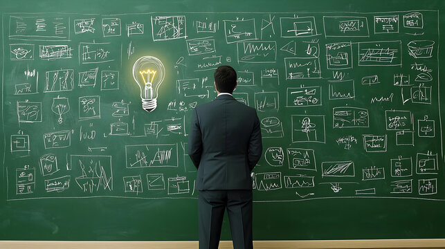 Businessman Reflecting On Solutions In Front Of Green Chalkboard With Math Equations