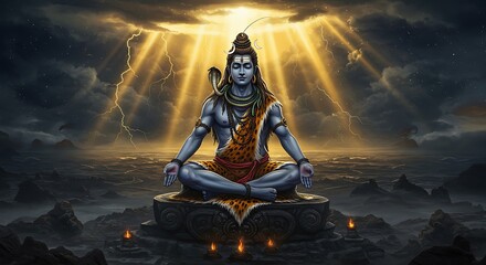 Fototapeta premium Lord Shiva meditating on mount kailash with light beams in the background