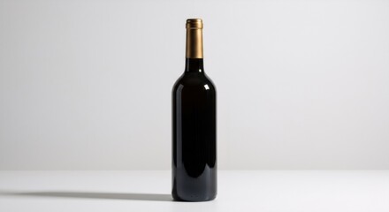 Dark glass wine bottle with gold cap on white background. Minimalist product photography for wine industry, alcohol beverage packaging, and restaurant menu design concept