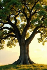 Obraz premium Majestic Ancient Tree Silhouetted Against a Warm Sunset Sky, Its Mighty Branches Reaching Upward, Roots Firmly Planted in Lush Green Grass