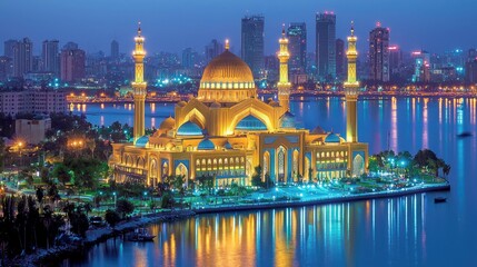 Naklejka premium Majestic Illuminated Mosque at Night: A Breathtaking Cityscape View