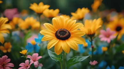 Obraz premium Radiant sunflower portrait amid a vibrant explosion of assorted floral diversity