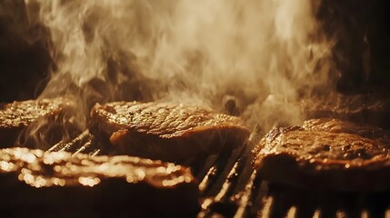 Juicy beef steaks sizzling on grill, capturing the essence of smoky barbecue perfection