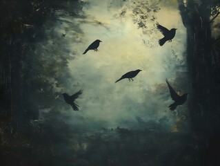 Fototapeta premium flock of birds, dark sky, moody atmosphere, dramatic lighting, ethereal scene