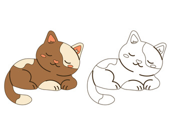 Flat style illustration of a sleeping cat in color and outline versions, ideal for coloring pages, childrens books, pet designs, and cozy-themed projects.