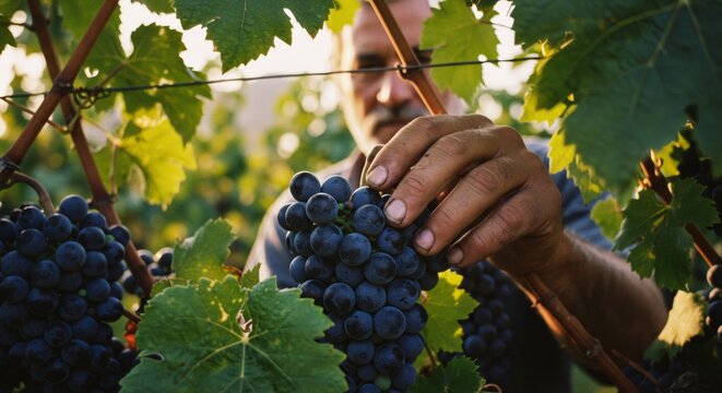 Man harvesting ripe purple grapes in vineyard at sunset. Wine production process. Winemaker checking quality of fruit. Viticulture and winemaking concept with copy space - Powered by Adobe